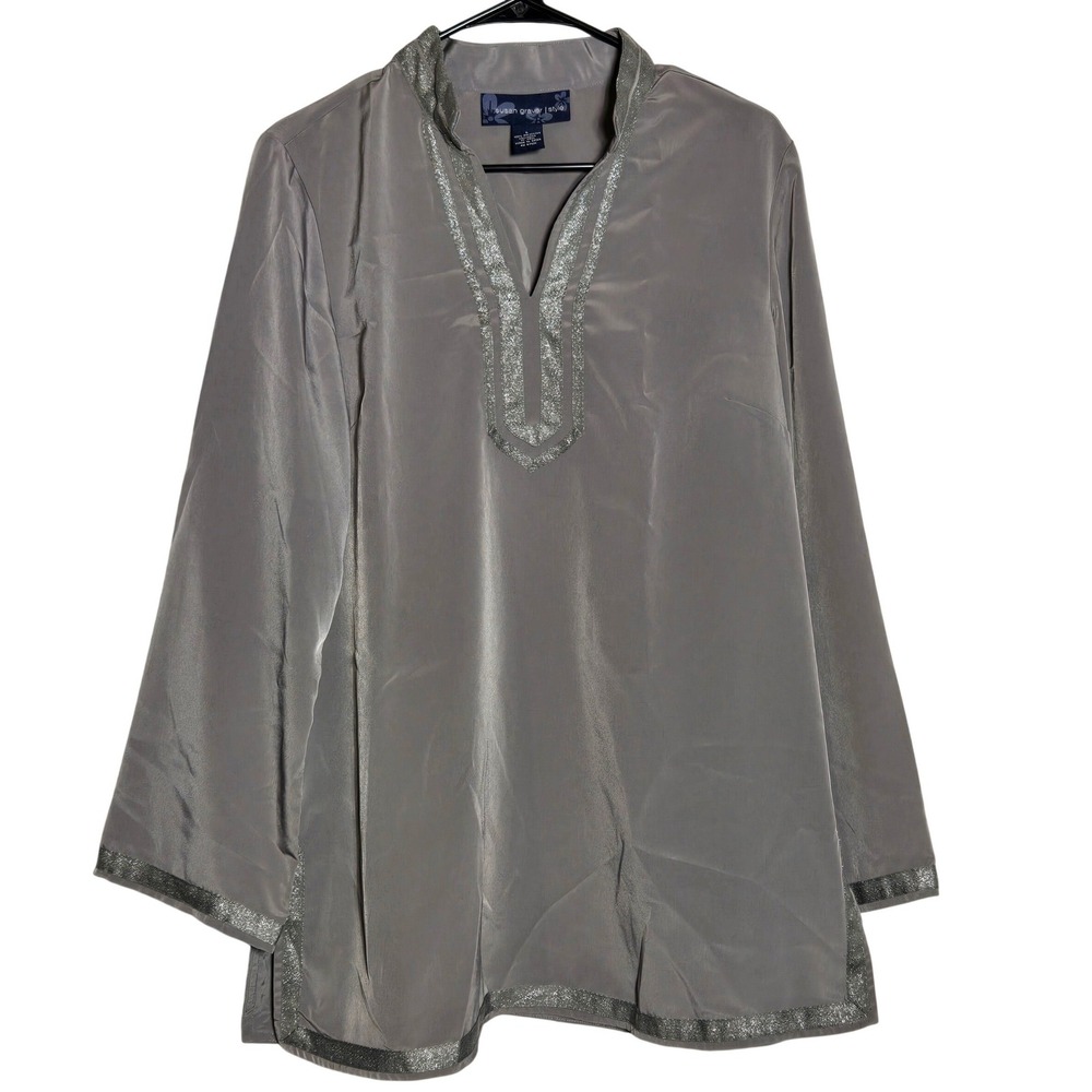 Susan Graver Style Women Tunic Top Large Metallic V-Neck Holiday Elegant Classic